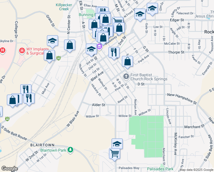 map of restaurants, bars, coffee shops, grocery stores, and more near 106 Cedar Street in Rock Springs