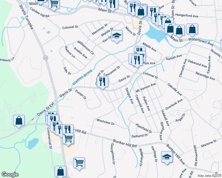 map of restaurants, bars, coffee shops, grocery stores, and more near 378 Davis Street in Watertown