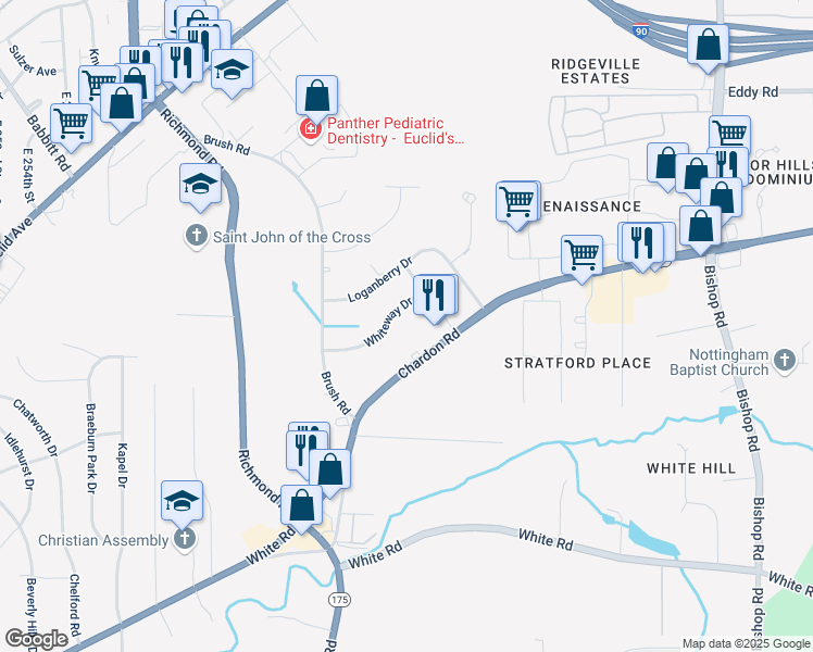 map of restaurants, bars, coffee shops, grocery stores, and more near 26710 Whiteway Drive in Richmond Heights