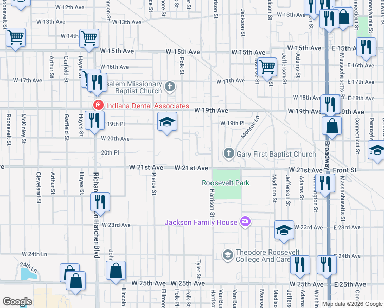 map of restaurants, bars, coffee shops, grocery stores, and more near 863 Charles Hawkins Drive in Gary