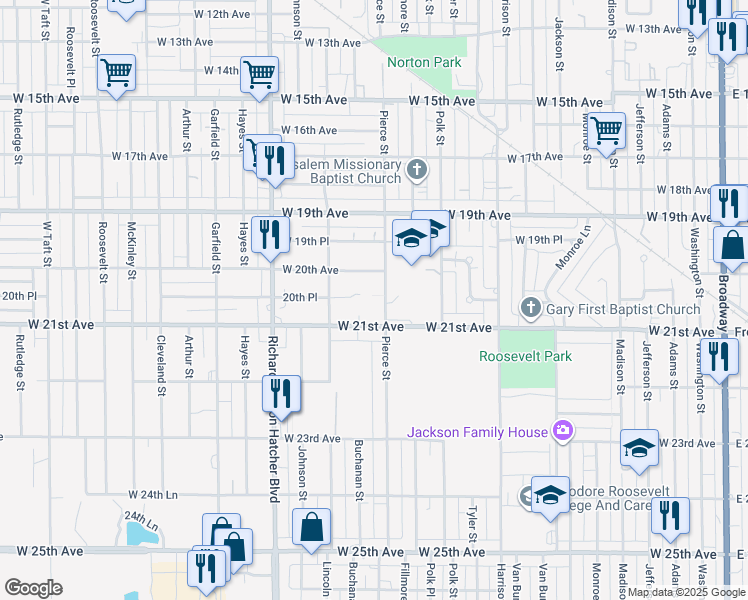 map of restaurants, bars, coffee shops, grocery stores, and more near 1240-1244 West 20th Place in Gary