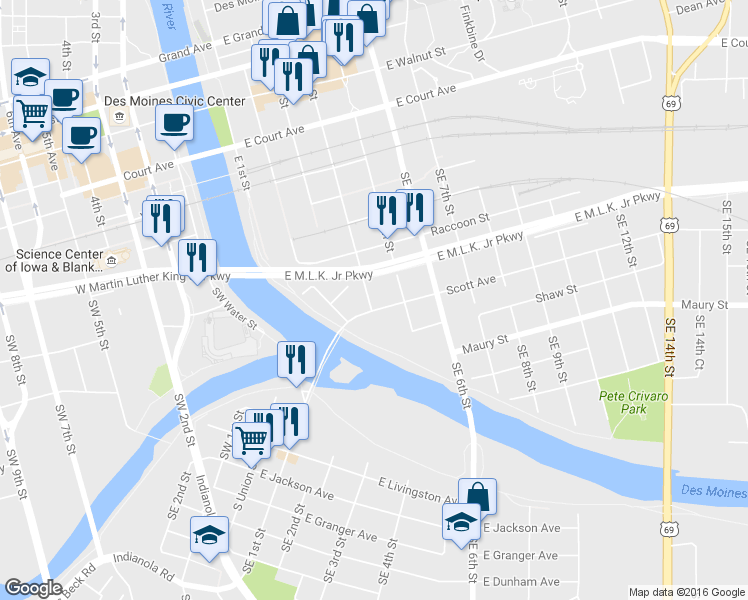 map of restaurants, bars, coffee shops, grocery stores, and more near 519 Southeast 4th Street in Des Moines