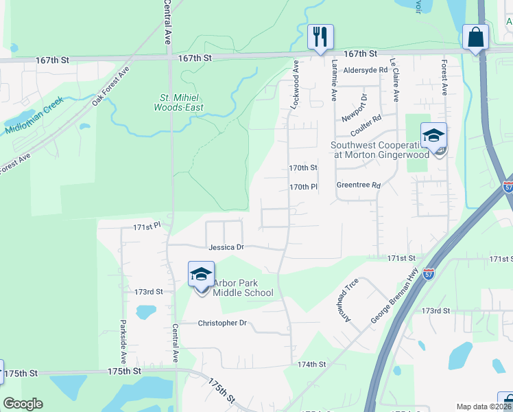 map of restaurants, bars, coffee shops, grocery stores, and more near 17028 Judy Court in Oak Forest