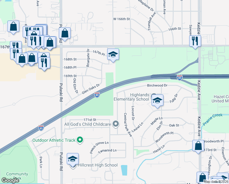 map of restaurants, bars, coffee shops, grocery stores, and more near 16918 Magnolia Drive in Hazel Crest