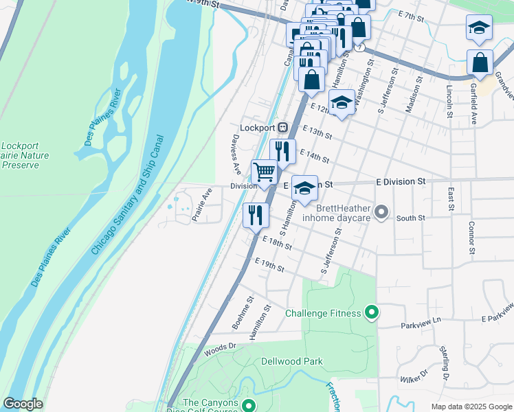 map of restaurants, bars, coffee shops, grocery stores, and more near 1637 South State Street in Lockport