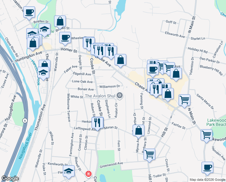 map of restaurants, bars, coffee shops, grocery stores, and more near 28 Park Lane in Waterbury