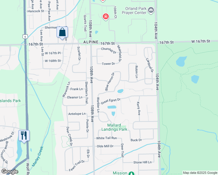 map of restaurants, bars, coffee shops, grocery stores, and more near 16947 Blue Heron Dr in Orland Park