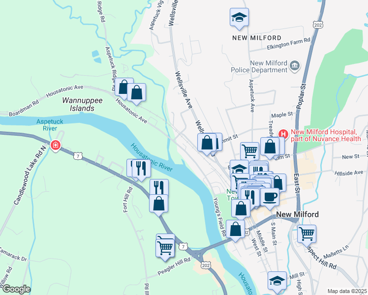 map of restaurants, bars, coffee shops, grocery stores, and more near 18 Young's Field Road in New Milford