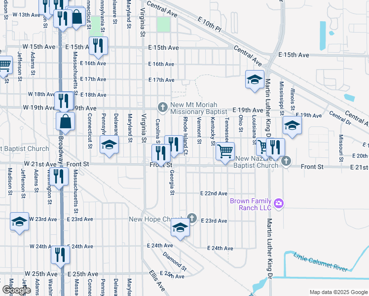 map of restaurants, bars, coffee shops, grocery stores, and more near 2028 Rhode Island Street in Gary