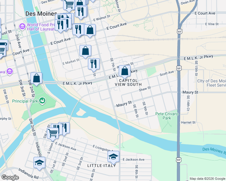 map of restaurants, bars, coffee shops, grocery stores, and more near 605 Scott Avenue in Des Moines