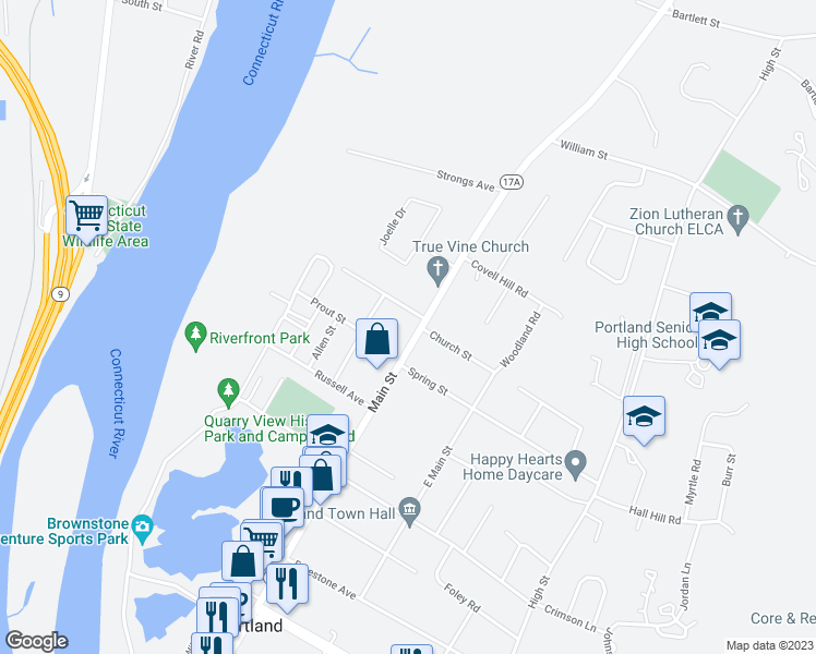 map of restaurants, bars, coffee shops, grocery stores, and more near 376 Main Street in Portland