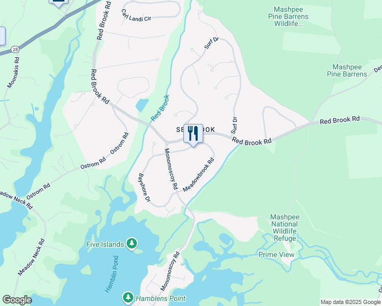 map of restaurants, bars, coffee shops, grocery stores, and more near 90 Meadowbrook Road in Mashpee