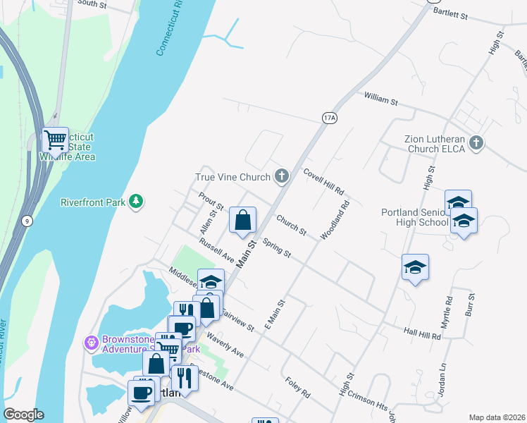 map of restaurants, bars, coffee shops, grocery stores, and more near 376 Main Street in Portland