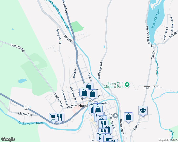 map of restaurants, bars, coffee shops, grocery stores, and more near 1522 East Street in Honesdale