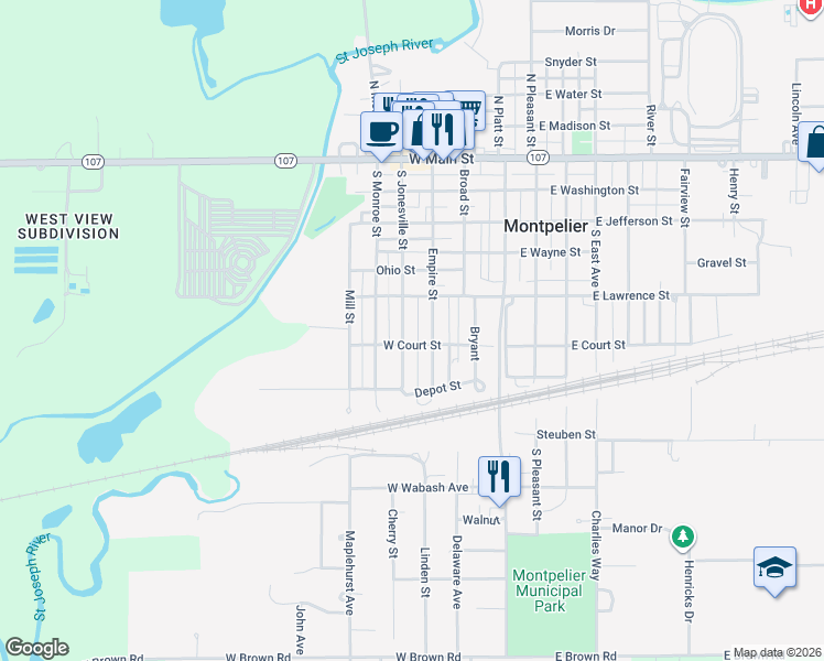 map of restaurants, bars, coffee shops, grocery stores, and more near 528 S Jonesville St in Montpelier