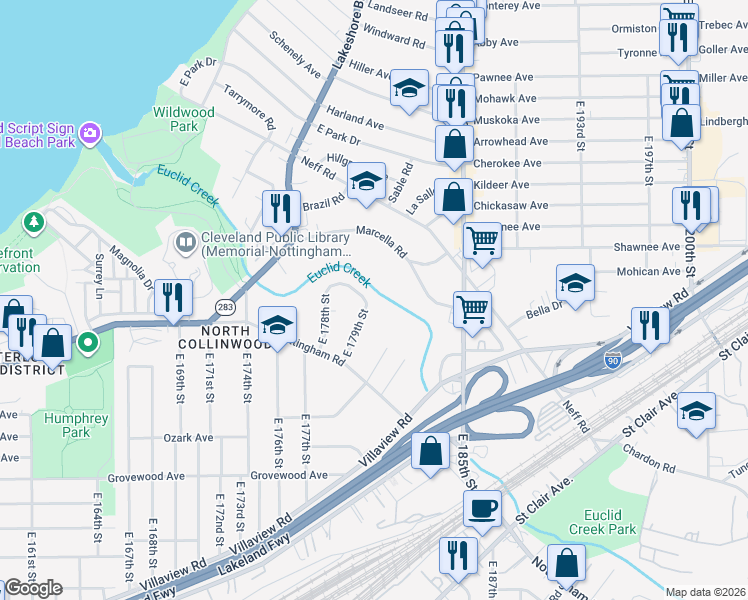 map of restaurants, bars, coffee shops, grocery stores, and more near 17859 Brian Avenue in Cleveland