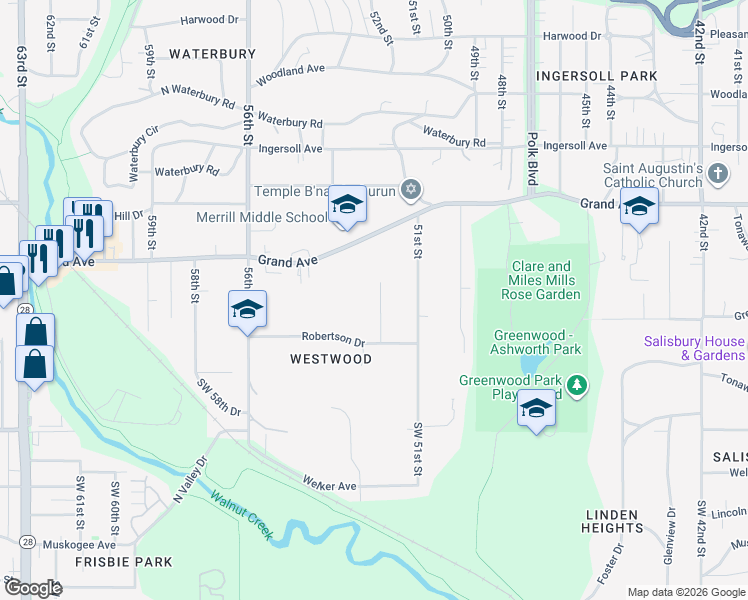 map of restaurants, bars, coffee shops, grocery stores, and more near 314 52nd Street in Des Moines