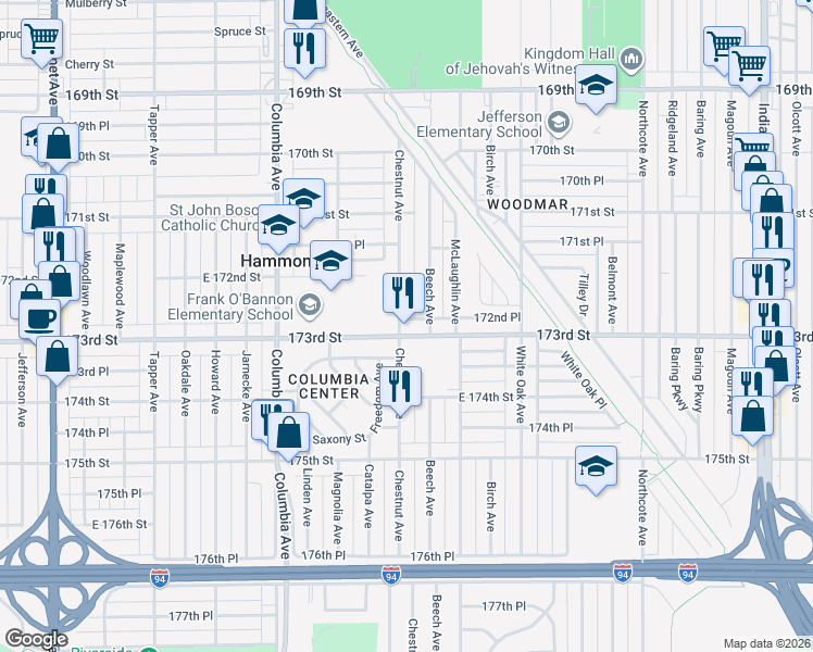 map of restaurants, bars, coffee shops, grocery stores, and more near 1401-09 East 173rd Place in Hammond
