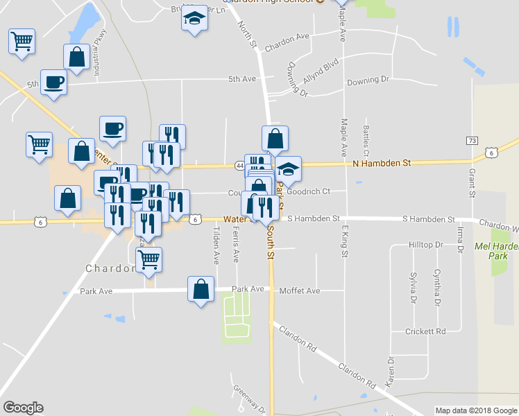 map of restaurants, bars, coffee shops, grocery stores, and more near 123 Main Street in Chardon