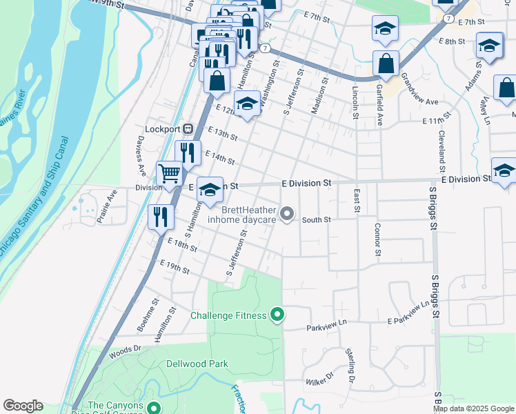 map of restaurants, bars, coffee shops, grocery stores, and more near 1512 South Jefferson Street in Lockport