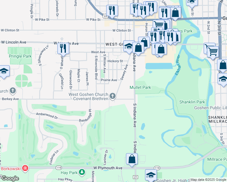 map of restaurants, bars, coffee shops, grocery stores, and more near 513 Dewey Ave in Goshen