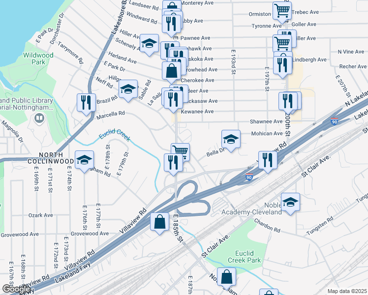 map of restaurants, bars, coffee shops, grocery stores, and more near 18606 Neff Road in Cleveland