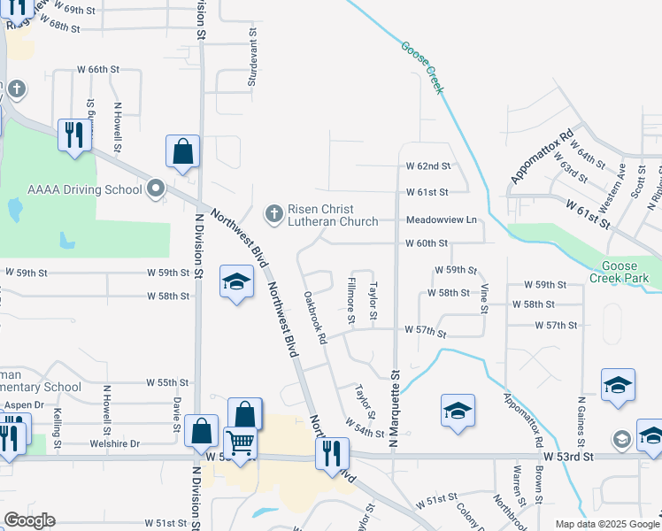 map of restaurants, bars, coffee shops, grocery stores, and more near 400 West 59th Street in Davenport