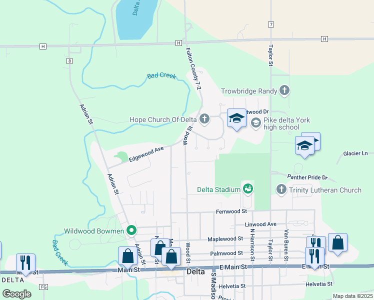 map of restaurants, bars, coffee shops, grocery stores, and more near 534 Wood Street in Delta