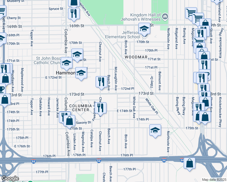 map of restaurants, bars, coffee shops, grocery stores, and more near 1439 173rd St in Hammond