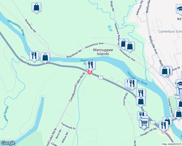map of restaurants, bars, coffee shops, grocery stores, and more near 1 Riverview Court in New Milford
