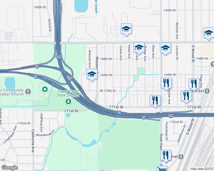 map of restaurants, bars, coffee shops, grocery stores, and more near 16965 Orchard Ridge Avenue in Hazel Crest