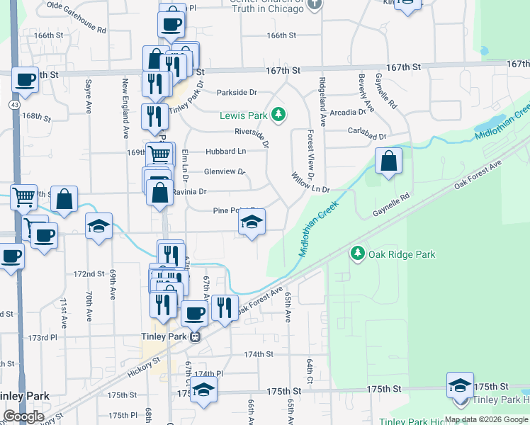 map of restaurants, bars, coffee shops, grocery stores, and more near 6527 Pine Point Drive in Tinley Park