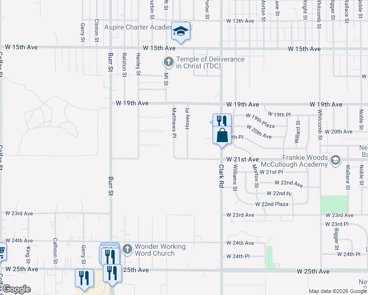map of restaurants, bars, coffee shops, grocery stores, and more near 2061 Matthews Place in Gary