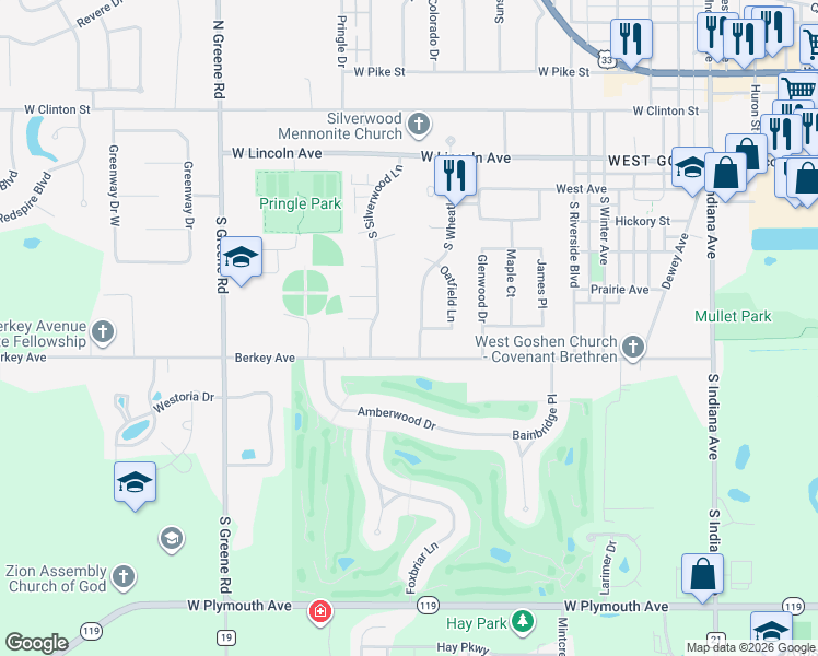 map of restaurants, bars, coffee shops, grocery stores, and more near 513 South Wheatland Drive in Goshen