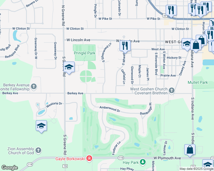 map of restaurants, bars, coffee shops, grocery stores, and more near 522 South Silverwood Lane in Goshen