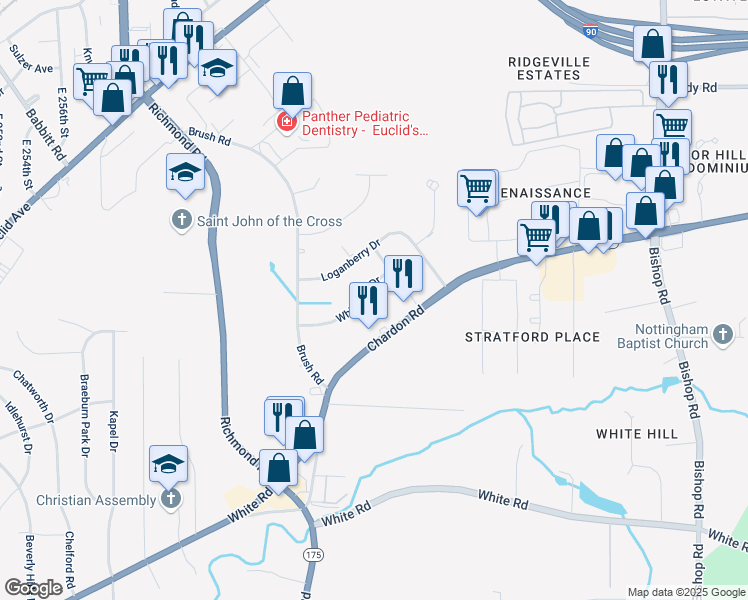 map of restaurants, bars, coffee shops, grocery stores, and more near 26710 Whiteway Drive in Richmond Heights
