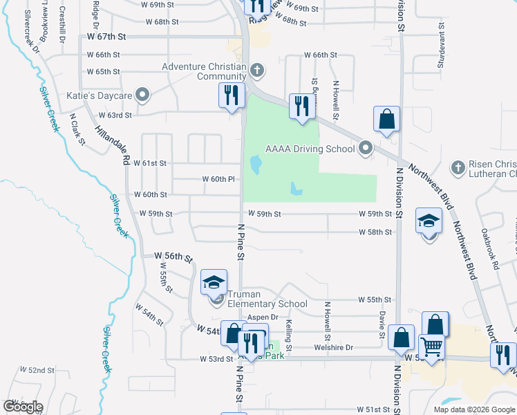 map of restaurants, bars, coffee shops, grocery stores, and more near 2220 West 59th Street in Davenport