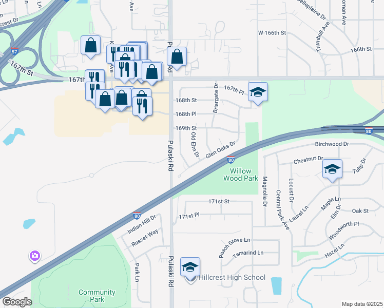 map of restaurants, bars, coffee shops, grocery stores, and more near 16944 Old Elm Drive in Country Club Hills