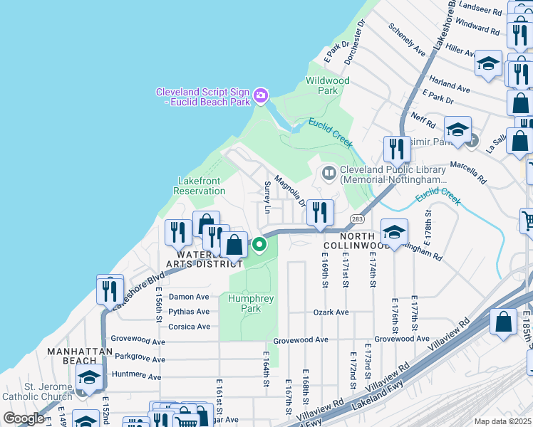 map of restaurants, bars, coffee shops, grocery stores, and more near 46 Surrey Lane in Cleveland