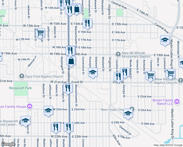 map of restaurants, bars, coffee shops, grocery stores, and more near 2035 Pennsylvania Street in Gary
