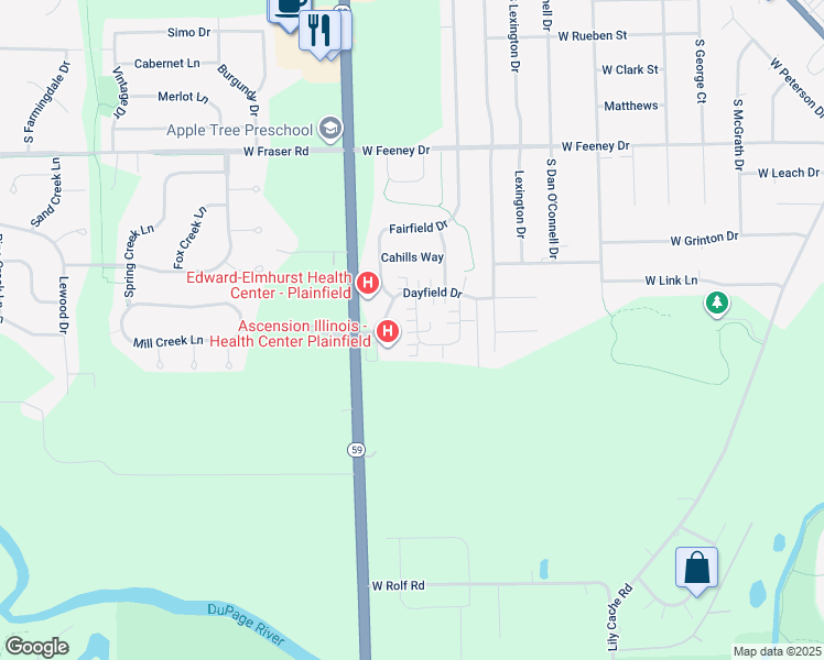 map of restaurants, bars, coffee shops, grocery stores, and more near 16631 South Fox Run Circle in Plainfield