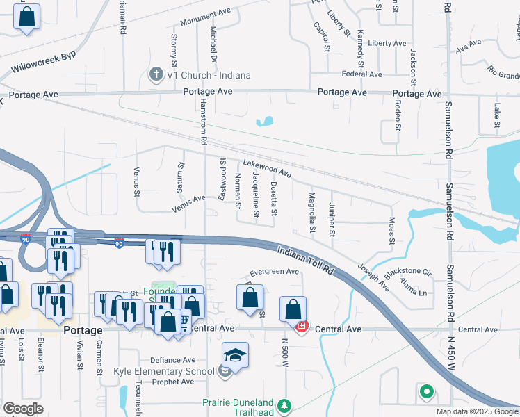 map of restaurants, bars, coffee shops, grocery stores, and more near 2435 Jacqueline Street in Portage