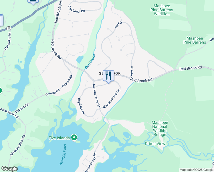 map of restaurants, bars, coffee shops, grocery stores, and more near 90 Meadowbrook Road in Mashpee