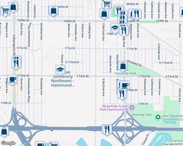 map of restaurants, bars, coffee shops, grocery stores, and more near 7243 Lindberg Avenue in Hammond