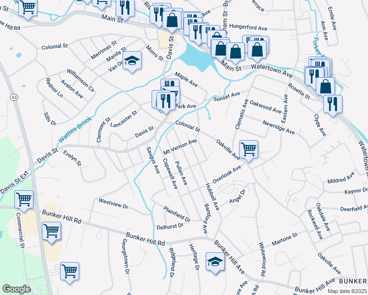 map of restaurants, bars, coffee shops, grocery stores, and more near 71 Bamford Avenue in Watertown