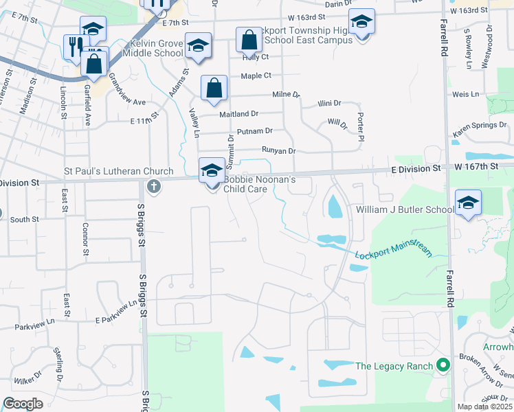 map of restaurants, bars, coffee shops, grocery stores, and more near 1502 Peachtree Ln in Lockport