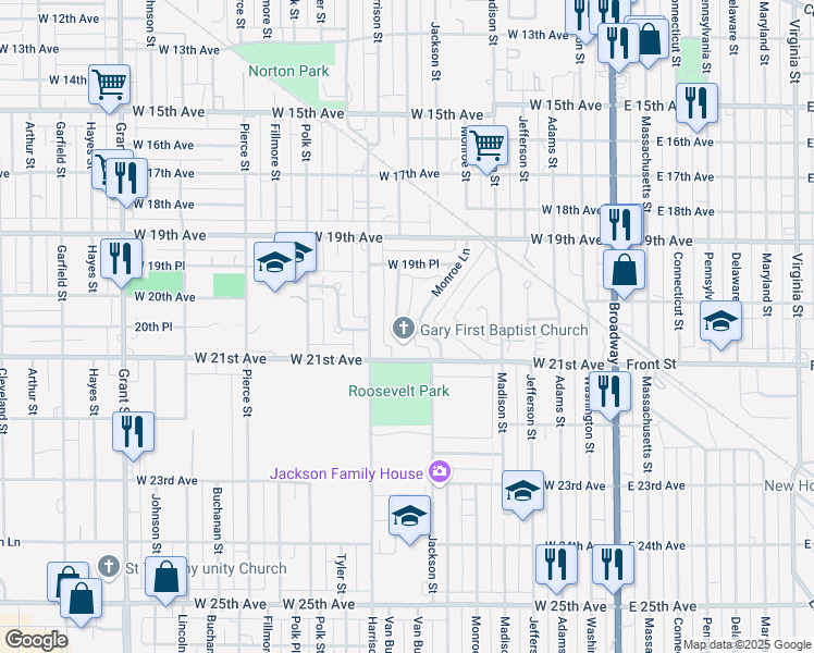 map of restaurants, bars, coffee shops, grocery stores, and more near 628 W 20th Pl in Gary