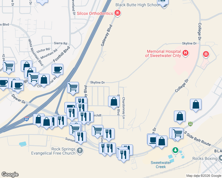 map of restaurants, bars, coffee shops, grocery stores, and more near 284 Bordeaux Boulevard in Rock Springs