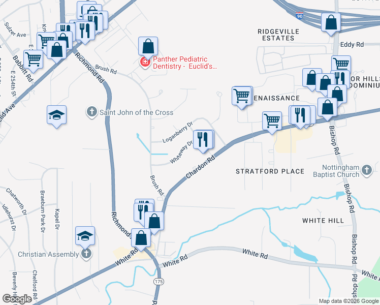 map of restaurants, bars, coffee shops, grocery stores, and more near 26710 Whiteway Drive in Richmond Heights