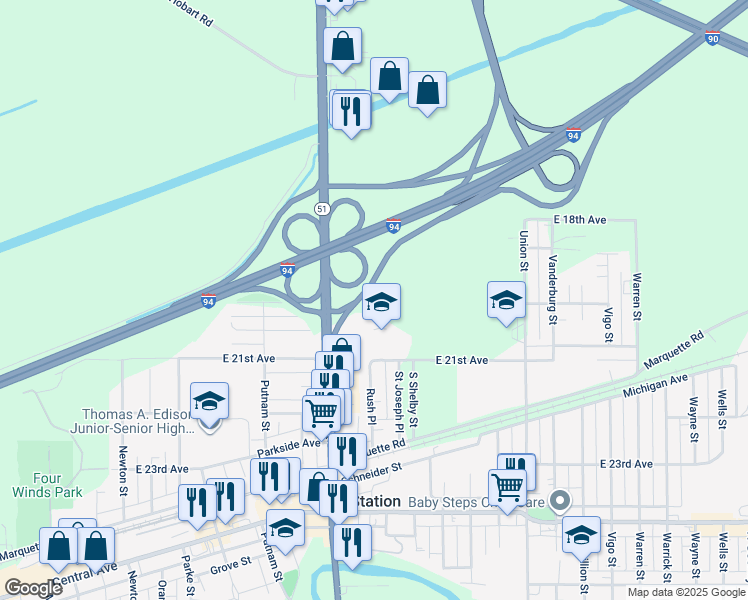 map of restaurants, bars, coffee shops, grocery stores, and more near State Highway 51 in Lake Station